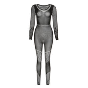 Summer Women's Mesh See-through Hollow High Waist Tight Jumpsuit