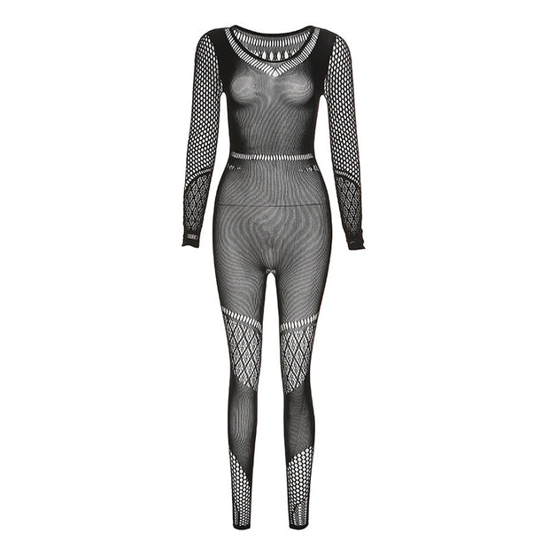 Summer Women's Mesh See-through Hollow High Waist Tight Jumpsuit