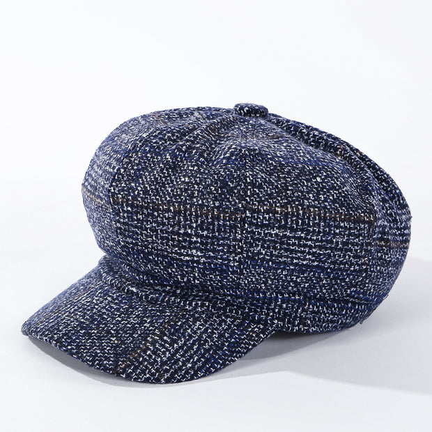 Thickened Plaid Woolen Octagonal Cap Women