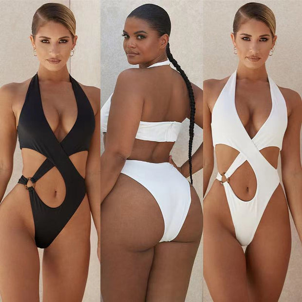 Sexy One-Piece Solid Color Cross Hollow Large Size Bikini  Swimwear