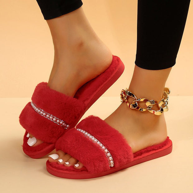 Women's Elegant Stripe Pearls Round Toe Plush Slippers - Laizhan Accessories 