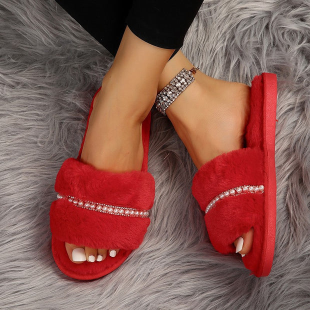 Women's Elegant Stripe Pearls Round Toe Plush Slippers - Laizhan Accessories 