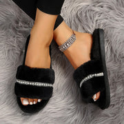 Women's Elegant Stripe Pearls Round Toe Plush Slippers - Laizhan Accessories 