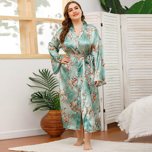 Flower Print  V-neck Silk Sleepwear Long Robes - Laizhan Accessories 