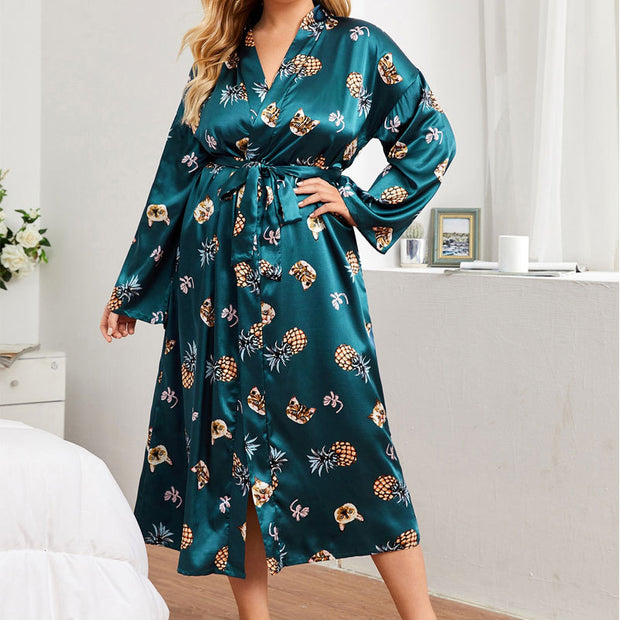 Flower Print  V-neck Silk Sleepwear Long Robes - Laizhan Accessories 