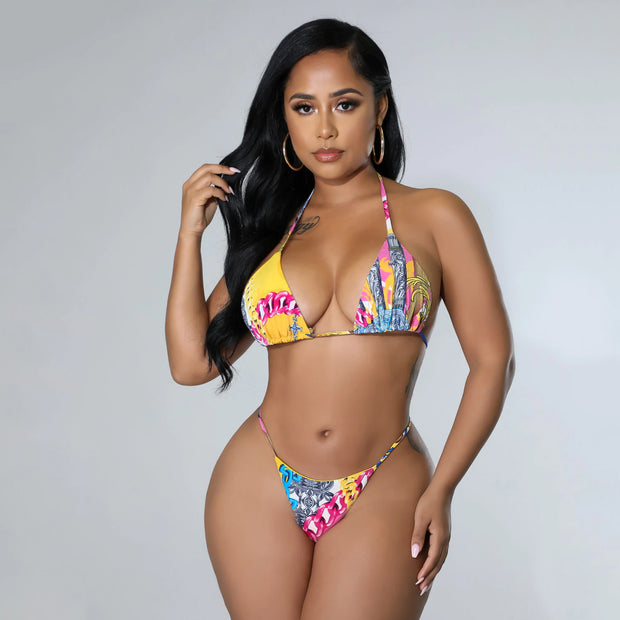 Women's Fashion Print Lace-Up Bikini Three Piece