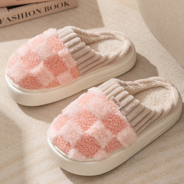 Plaid Plush Slippers Women's Indoor Plush Home Slippers Soft Sole Thick Non-Slip Warm House Shoes Couple Autumn And Winter - Laizhan Accessories 