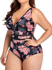 Women's Plus Size Siamese Swimming Mesh Fabric Stitching Printing Plus-sized Swimsuit Bikini