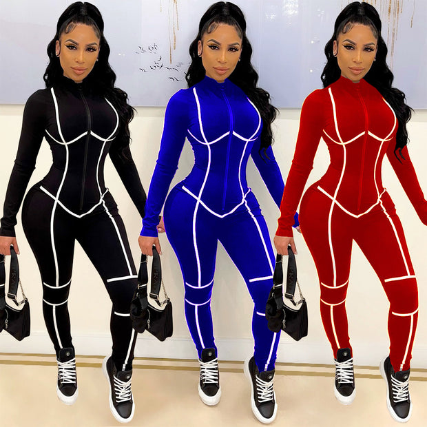 Women's Stitching Zipper Jumpsuit Trousers