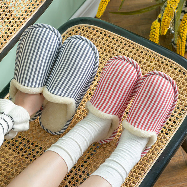 Fashion Striped Printed Slippers For Women Autumn And Winter Warm Non-slip Thick Sole House Shoes Men's Indoor Plush Shoes - Laizhan Accessories 