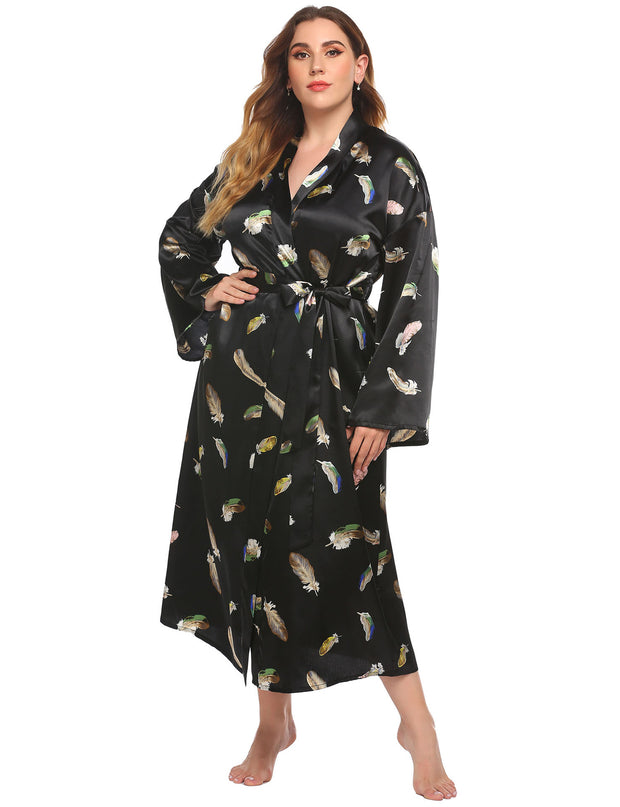 Flower Print  V-neck Silk Sleepwear Long Robes - Laizhan Accessories 