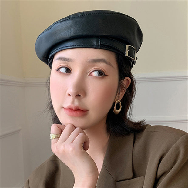 Fashion Sheepskin Genuine Leather Women Beret