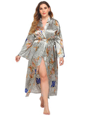 Flower Print  V-neck Silk Sleepwear Long Robes - Laizhan Accessories 