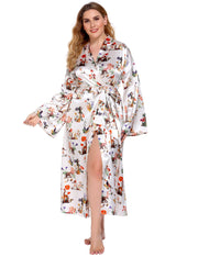 Flower Print  V-neck Silk Sleepwear Long Robes - Laizhan Accessories 