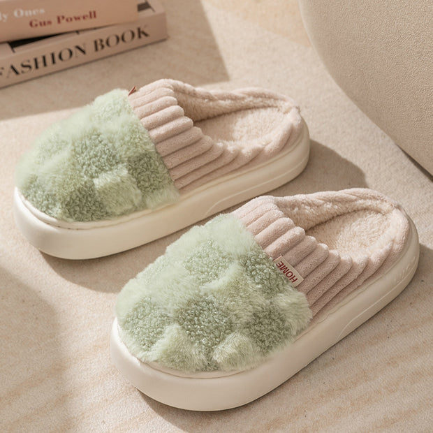 Plaid Plush Slippers Women's Indoor Plush Home Slippers Soft Sole Thick Non-Slip Warm House Shoes Couple Autumn And Winter - Laizhan Accessories 