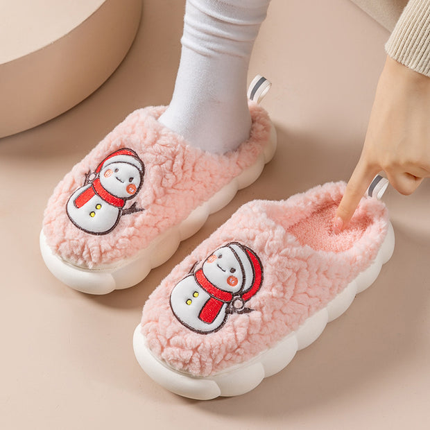 Cute Snowman Slippers Winter Indoor Household Warm Plush Thick-Soled Anti-slip Couple Home Slipper Soft Floor Bedroom House Shoes - Laizhan Accessories 