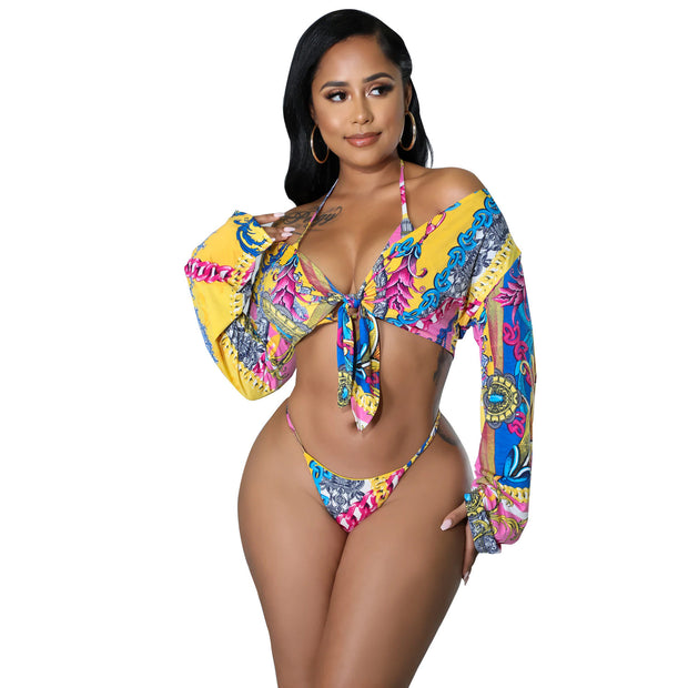 Women's Fashion Print Lace-Up Bikini Three Piece