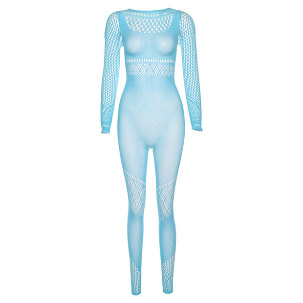 Summer Women's Mesh See-through Hollow High Waist Tight Jumpsuit