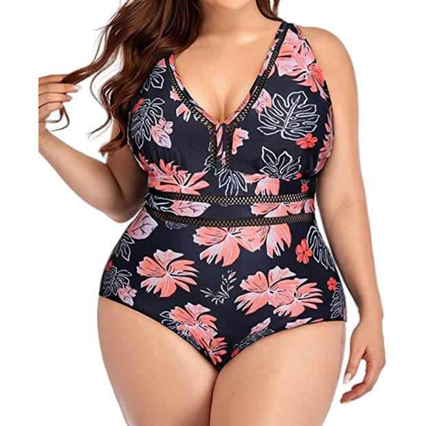 Women's Plus Size Siamese Swimming Mesh Fabric Stitching Printing Plus-sized Swimsuit Bikini