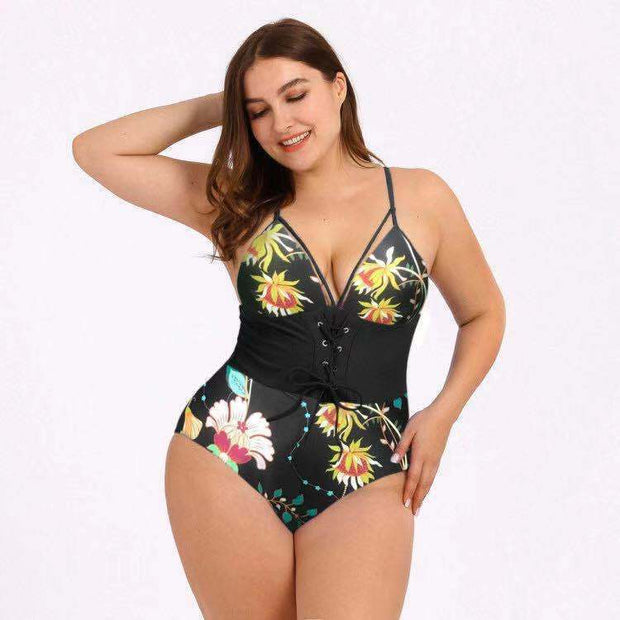 Women's Bikini Print Bouquet Waist Plus Size Swimsuit