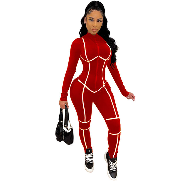 Women's Stitching Zipper Jumpsuit Trousers