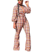 Women's Long-sleeved Printed Checks Jumpsuit