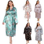 Flower Print  V-neck Silk Sleepwear Long Robes - Laizhan Accessories 