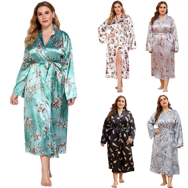 Flower Print  V-neck Silk Sleepwear Long Robes - Laizhan Accessories 