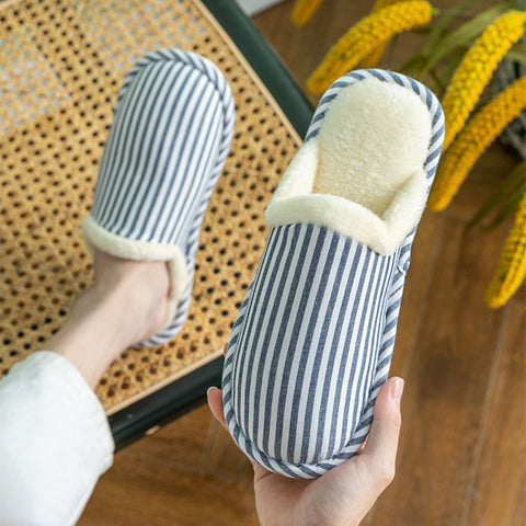 Fashion Striped Printed Slippers For Women Autumn And Winter Warm Non-slip Thick Sole House Shoes Men's Indoor Plush Shoes - Laizhan Accessories 