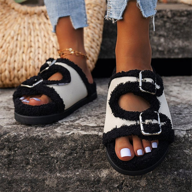 Autumn Winter Slipper Thick Sole Buckle Lamb Swool Slippers For Women Outdoor Gardern Indoor Lazy Plush Shoes - Laizhan Accessories 