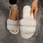 Women's Elegant Stripe Pearls Round Toe Plush Slippers - Laizhan Accessories 