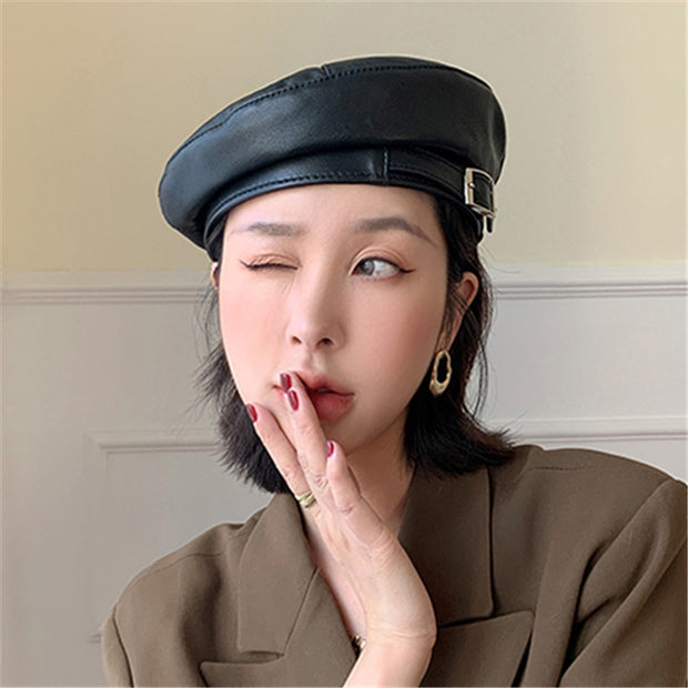 Fashion Sheepskin Genuine Leather Women Beret