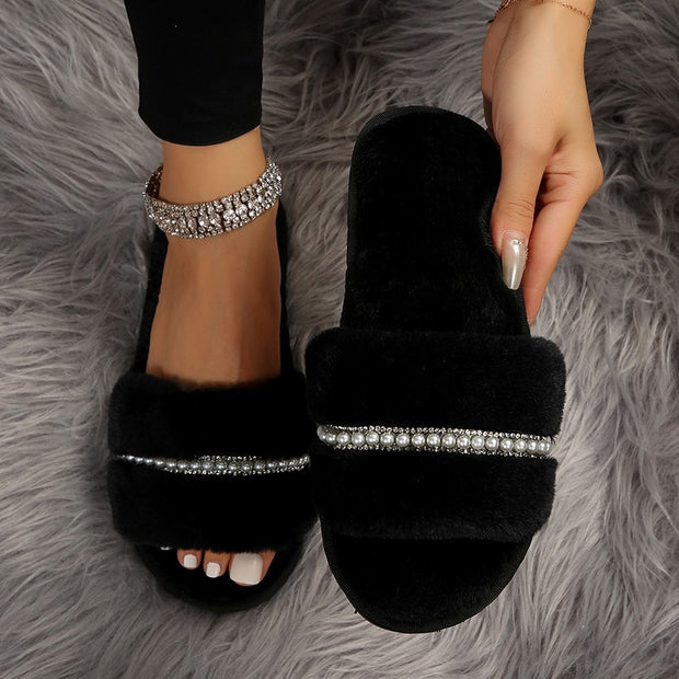 Women's Elegant Stripe Pearls Round Toe Plush Slippers - Laizhan Accessories 