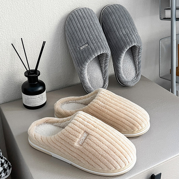 Solid Color Simple Cotton Slippers Winter Non-slip Home Warm Plush Slippers Household Indoor Couple Women's House Shoes - Laizhan Accessories 